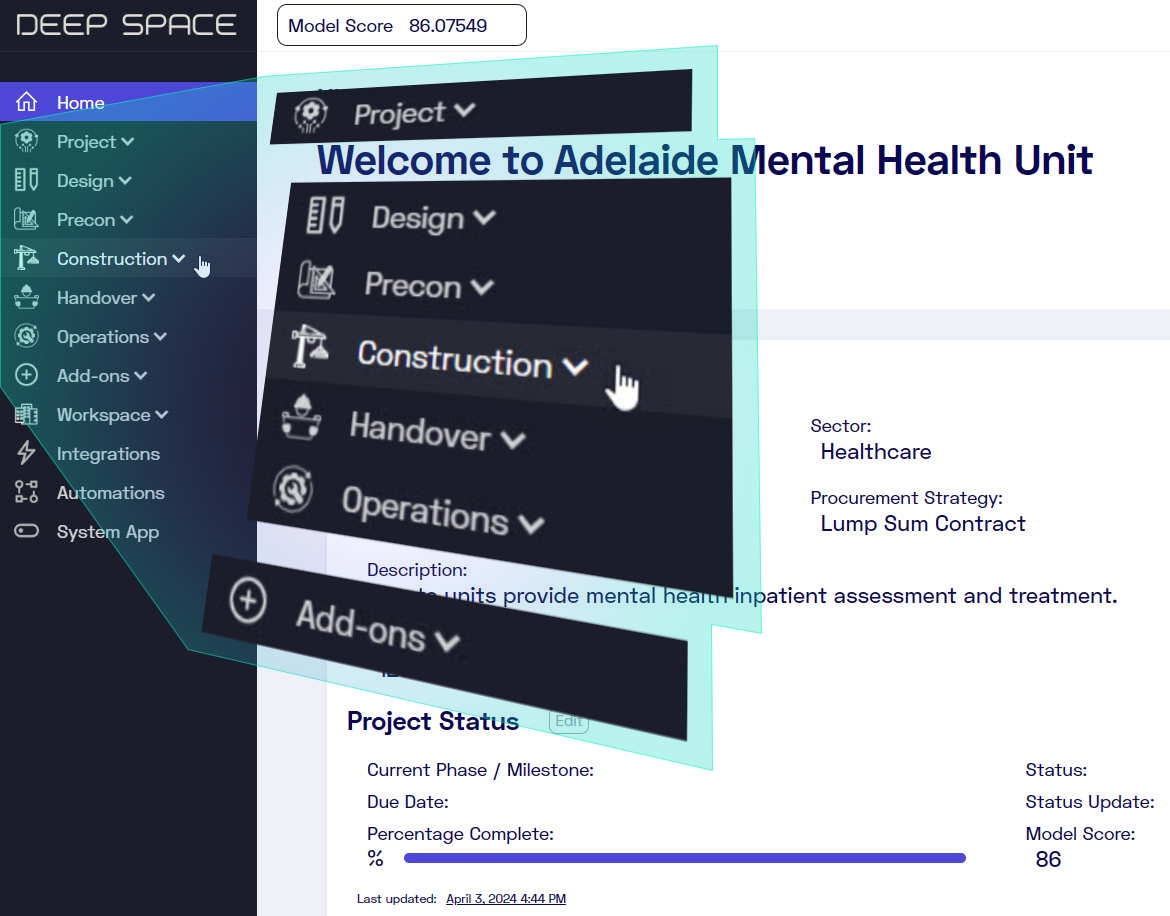 The redesigned Deep Space menu, organised by project stage